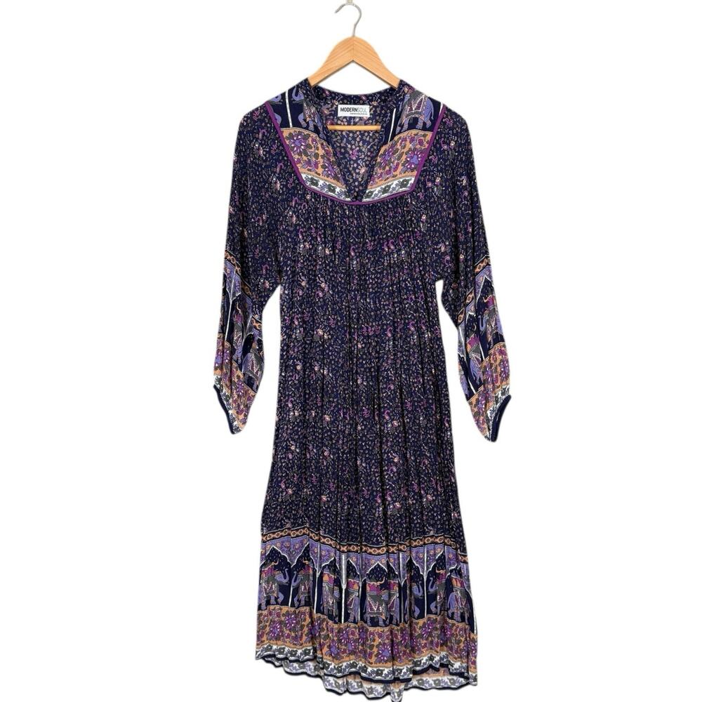 Modern Soul Bohemian Folk Print Gypsy Midi Dress Purple Size 6 - Picture 2 of 9